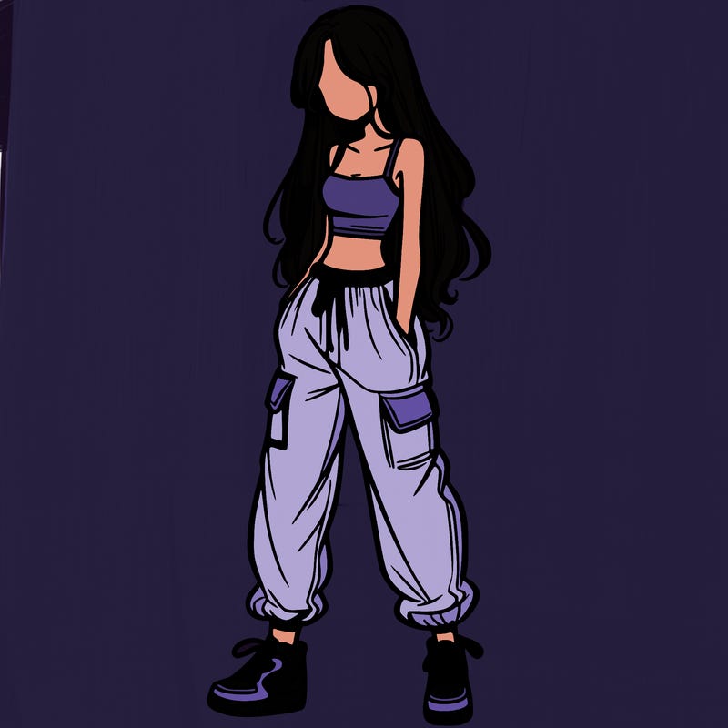 girl in baggy pants crop top and long hair