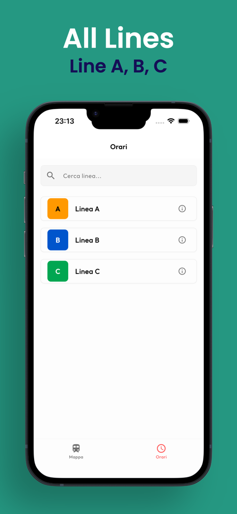 Mobile App-Oberfläche, die die römischen U-Bahn-Linien A B und C zeigt