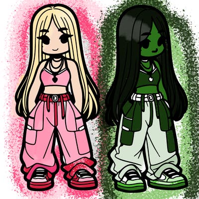 girl in baggy pants crop top and long hair