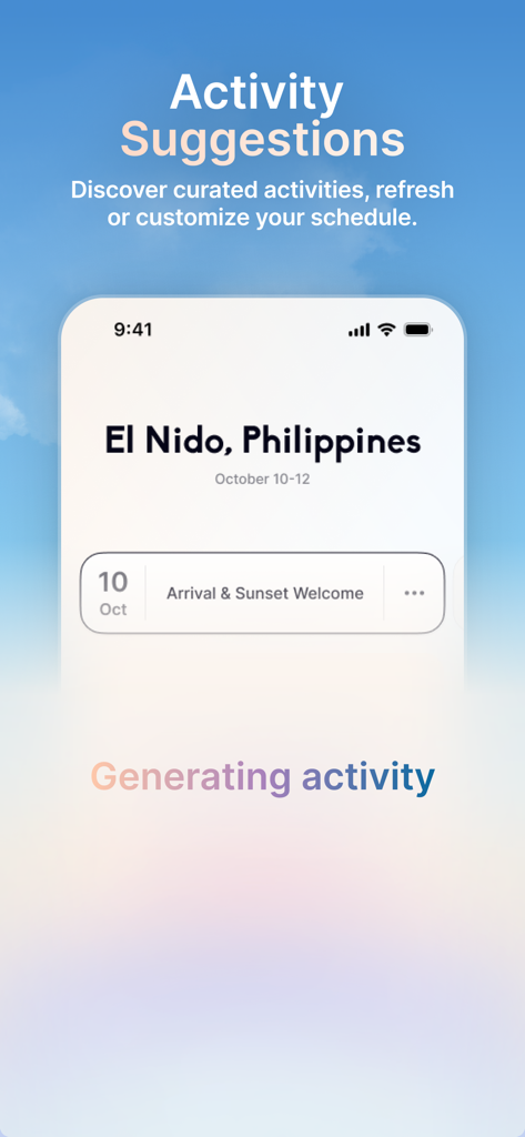 Guzo - Guzo mobile app interface displaying curated activity suggestions for a trip to El Nido Philippines