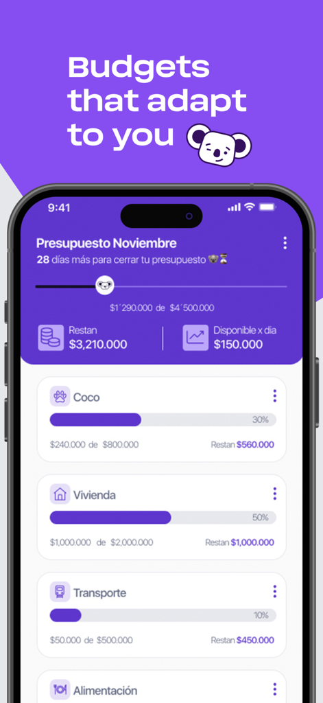 Kebo mobile app screenshot showing monthly budget progress bars for different expense categories