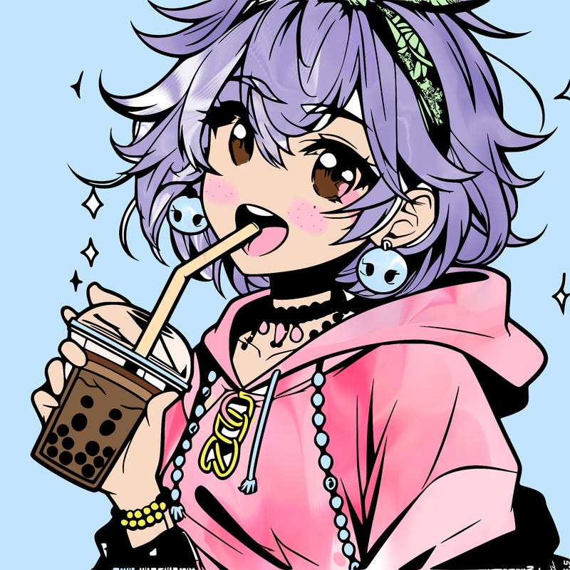 hot baddie anime girl drinking boba and biting the straw