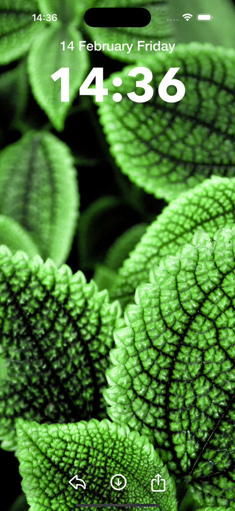 Walpium: Live Wallpapers 4K HD - Walpiumアプリからの鮮やかな緑の葉の高品質マクロネイチャー壁紙を特徴とするiPhoneロック画面プレビュー。