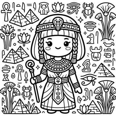 Step back in time with a delightful twist as you color this charming Kawaii Queen of Egypt. Surrounded by playful pyramids, lotus flowers, and ancient symbols, this page promises hours of creative fun for history lovers and kawaii fans alike.