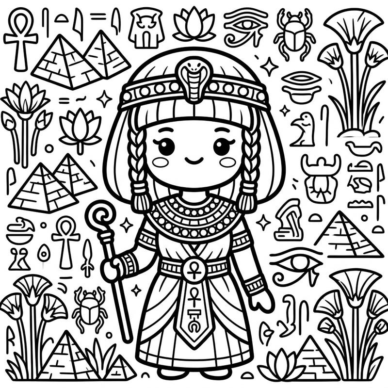 Step back in time with a delightful twist as you color this charming Kawaii Queen of Egypt. Surrounded by playful pyramids, lotus flowers, and ancient symbols, this page promises hours of creative fun for history lovers and kawaii fans alike.