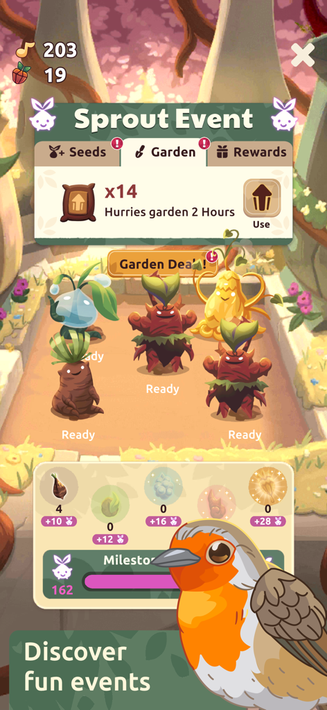 A colorful interface from the Bird Kind mobile game showing a Sprout Event with magical garden plants and a robin.