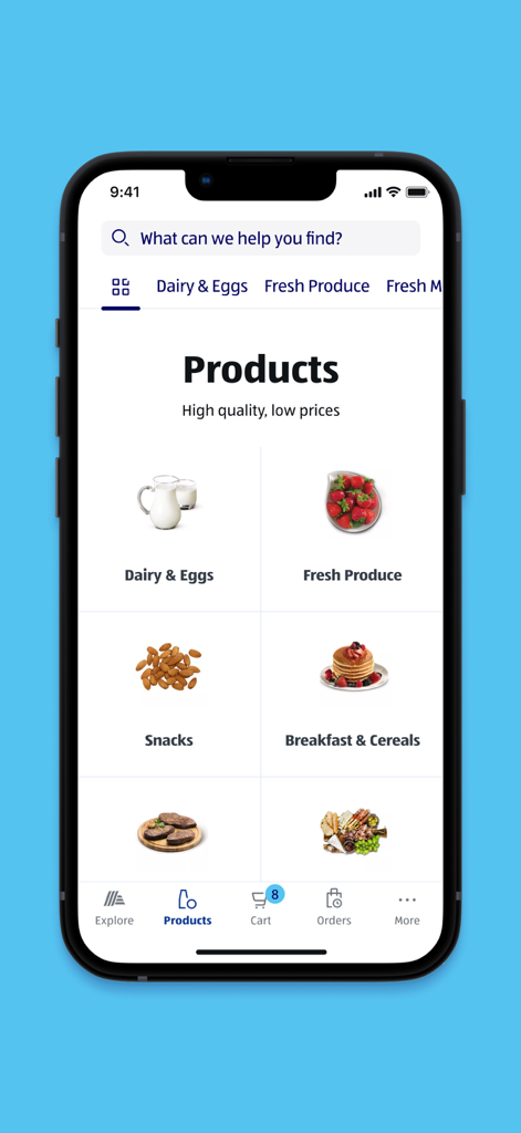 ALDI USA mobile app interface showing a grid of grocery categories like dairy and eggs, fresh produce, snacks, and breakfast cereals.