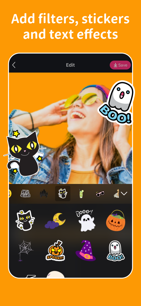 User interface of Gif Maker app displaying photo editing with Halloween stickers and filters