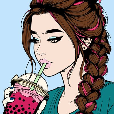 realistic girl drinking boba tea with braided hair
