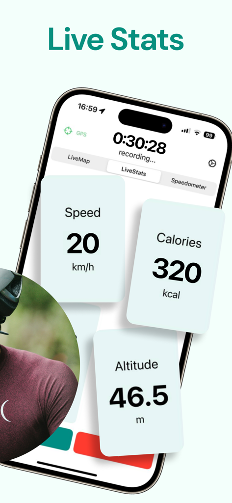 Bike Computer - Cycle Tracker - Interfaz de la aplicación Ciclocomputador mostrando estadísticas de ciclismo en tiempo real que incluyen velocidad, altitud y calorías