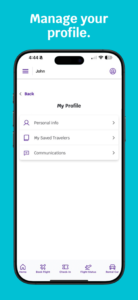 Avelo - User profile screen of the Avelo Airlines app showing account management options including personal info and saved travelers.