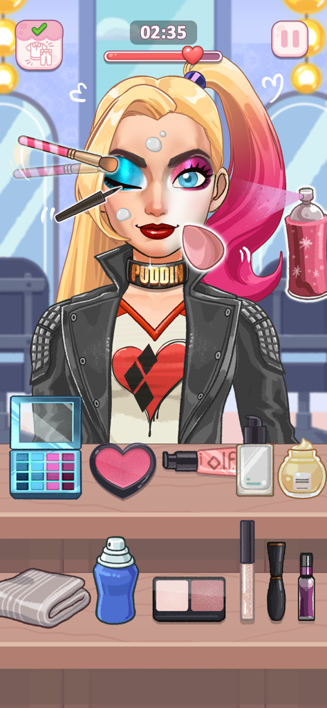 Cosplaydom - Uma personagem recebendo uma maquiagem inspirada em Harley Quinn no aplicativo Cosplaydom com várias ferramentas cosméticas