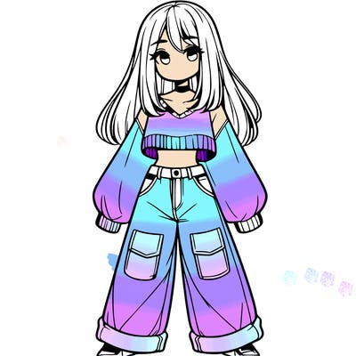 cute girl with straight hair in baggy jeans and a crop top and a sweater