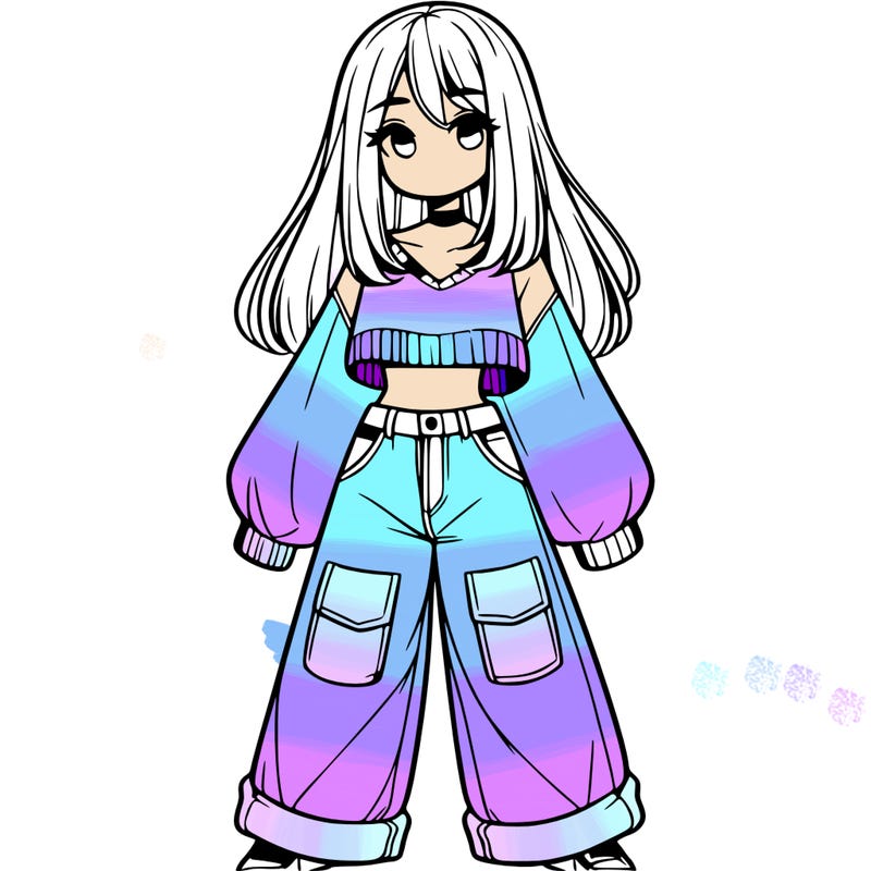 cute girl with straight hair in baggy jeans and a crop top and a sweater