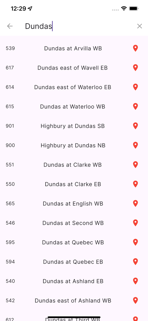 London Transit LTC Live - Search results screen in the LTC Live app showing a list of bus stops along Dundas Street with stop IDs and directions