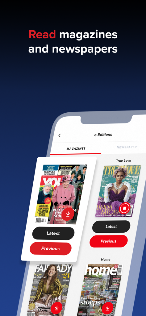 News24: Trusted News. First - Interface of the News24 app showing the e-Editions section with digital magazines like YOU, True Love, and Fair Lady.