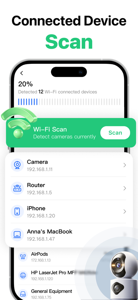 Home Security Camera Scan - Interfaz de la aplicación Escaneo de Cámaras de Seguridad del Hogar mostrando una lista de dispositivos conectados por Wi-Fi detectados, incluyendo cámaras y portátiles