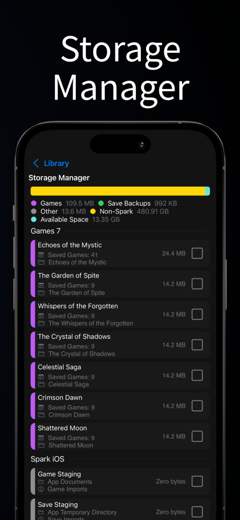 Spark 앱의 저장 공간 관리 인터페이스로, 저장된 게임 및 저장 공간 사용량과 함께 가져온 Ren'Py 비주얼 노벨 목록이 표시됩니다.
