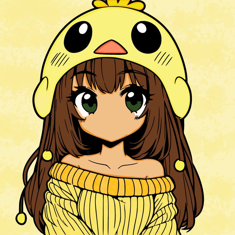 anime girl with chick shaped hat with sweater with bare shoulders with bangs covering them one eye with low tail
