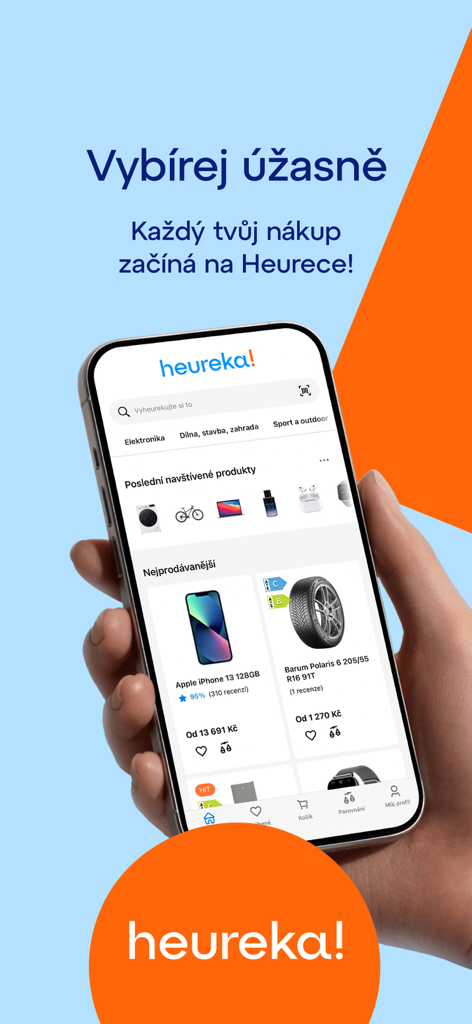 A person holding a smartphone showing the Heureka shopping app interface with product listings and price comparisons