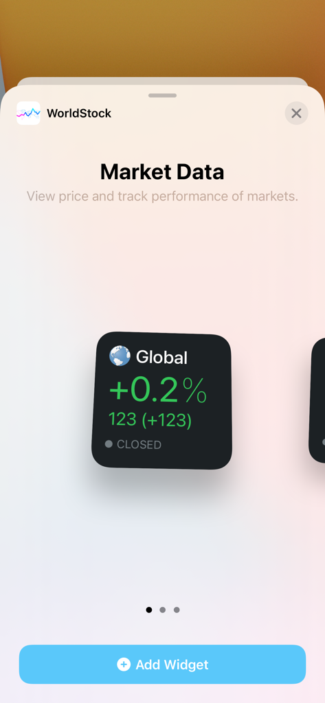 WorldStock - WorldStock app interface for adding a market data widget to an iOS home screen