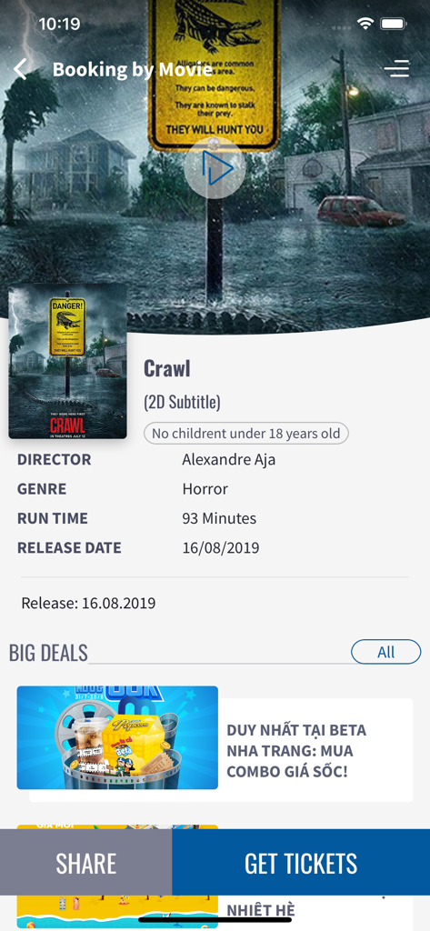Beta Cinemas app interface showing movie details for Crawl and options to book tickets.