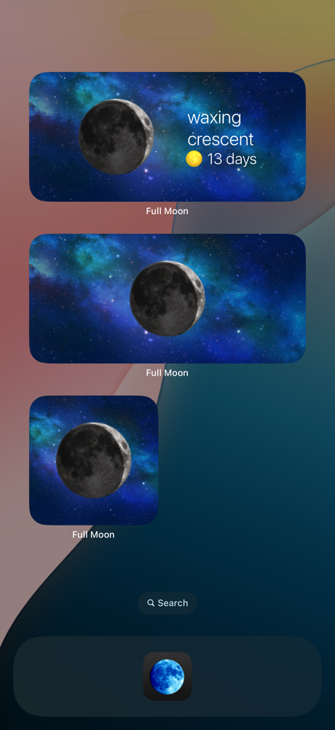 Full Moon Phase app widgets on an iPhone home screen showing the waxing crescent phase and a thirteen day countdown