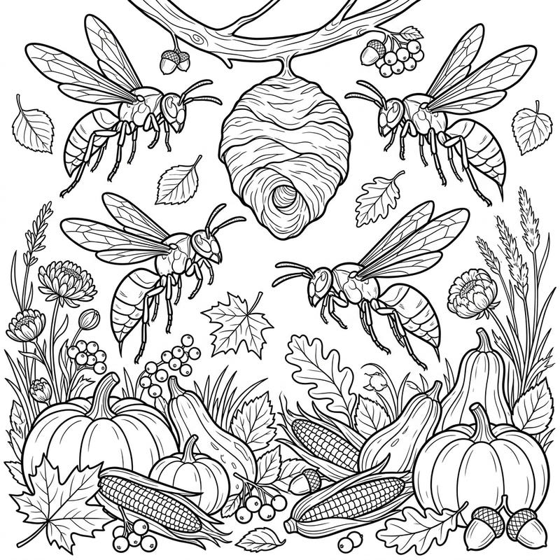 Embrace the beauty of fall with this unique coloring page, featuring active wasps amidst a bountiful autumn harvest. Discover intricate details like pumpkins, gourds, corn, and falling leaves, perfect for a relaxing coloring session.