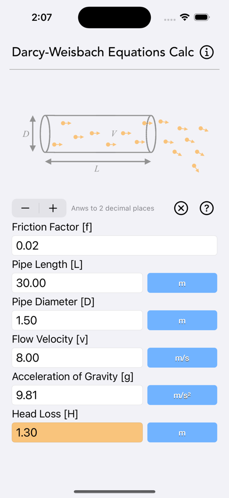 Darcy Weisbach Equations Calculator app interface showing pipe flow parameters and head loss calculation