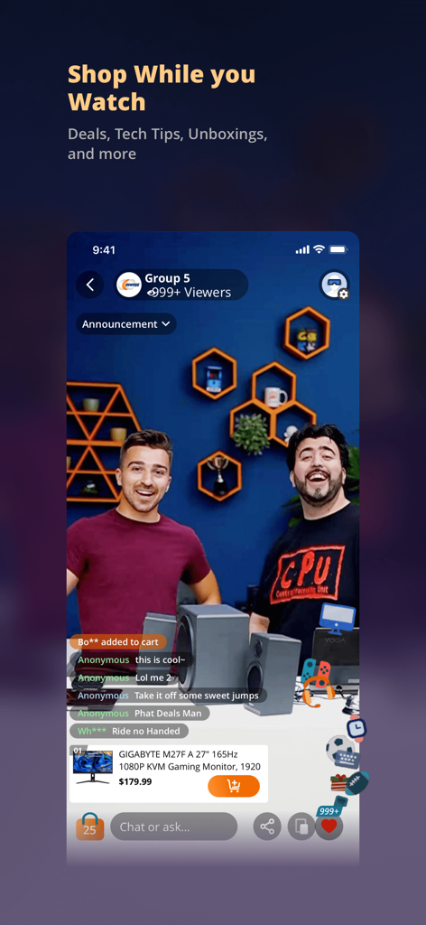 Newegg mobile app interface displaying a live stream shopping session with tech experts and a product offer