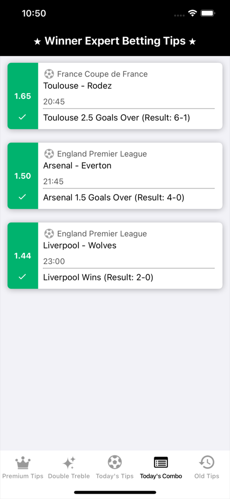 Winner Expert Betting Tips app screen displaying successful daily soccer combo predictions with odds