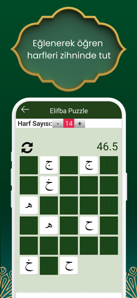 Elif ba - Kur'an Öğreniyorum - A mobile app interface showing an Arabic letter memory puzzle game to help users learn the Quranic alphabet.