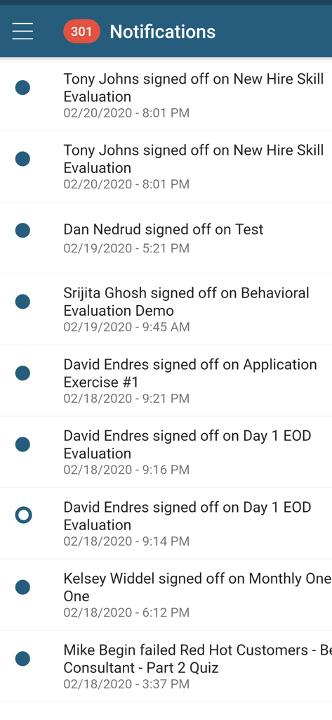 A list of training and evaluation notifications within the Brainier enterprise LMS mobile application.