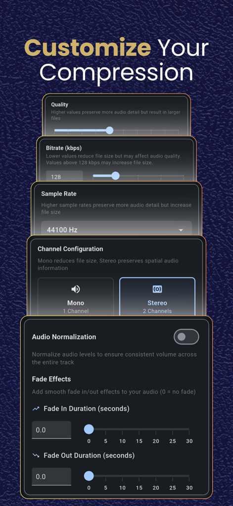 Interface mostrando controles manuais para qualidade de compressão de áudio, taxa de bits e taxa de amostragem