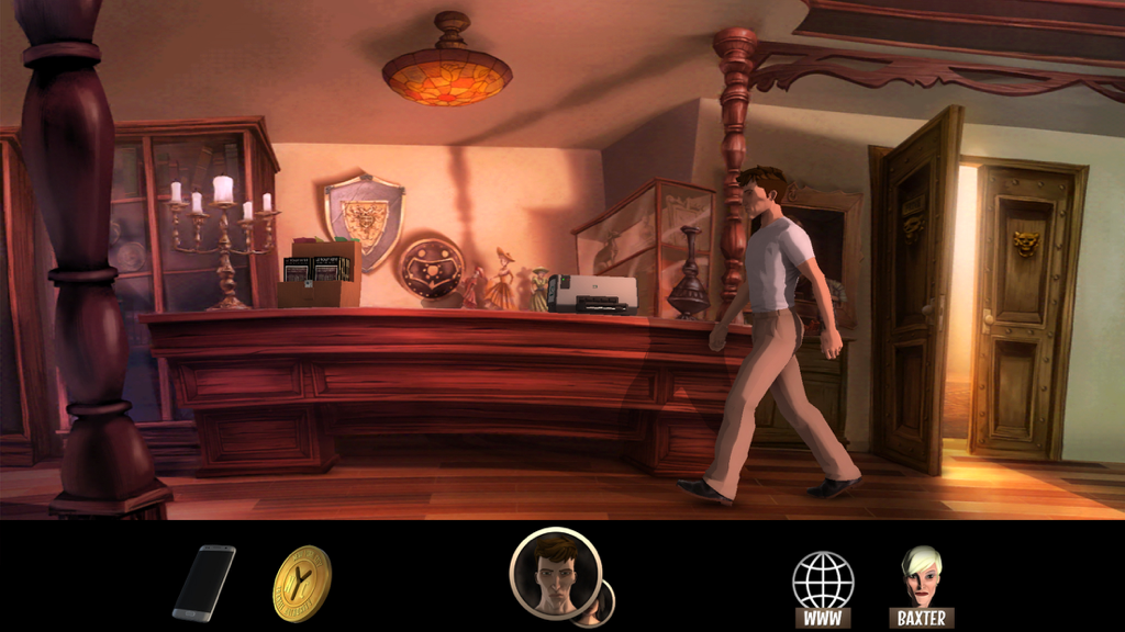 Yesterday Origins - John Yesterday caminando por una oficina detallada con un inventario y un menú de personaje en la parte inferior.