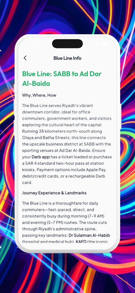 Una pantalla móvil que muestra información detallada sobre la Línea Azul del Metro de Riad, incluyendo puntos de referencia de la ruta y precios de los boletos.