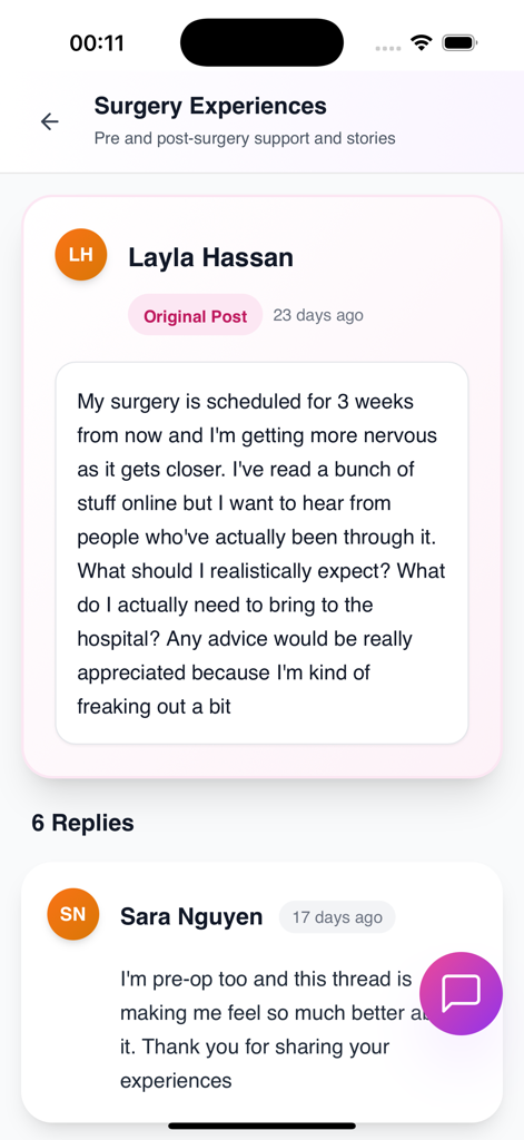 A screenshot of the ReAlign Scoliosis app's community forum showing a discussion about surgery experiences and support among users.
