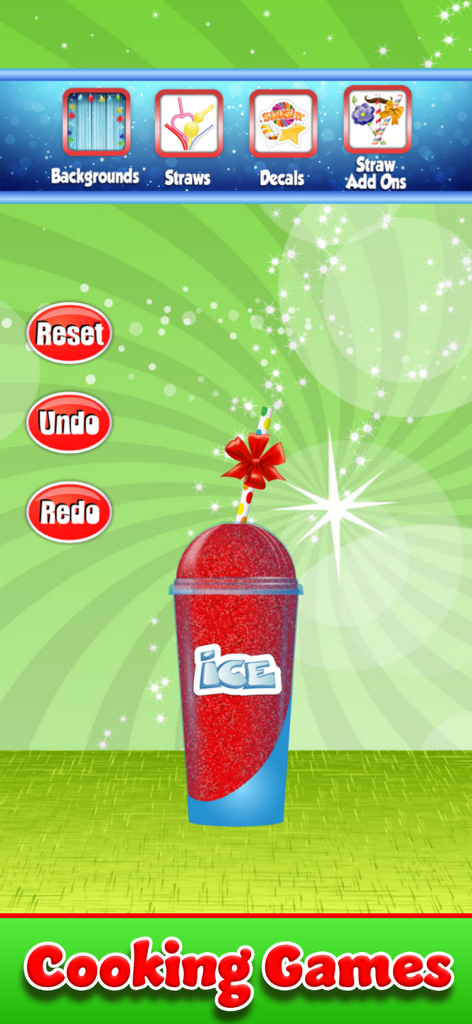 Tela de decoração para um slushy vermelho congelado com adesivos e canudos personalizados em um jogo de culinária infantil