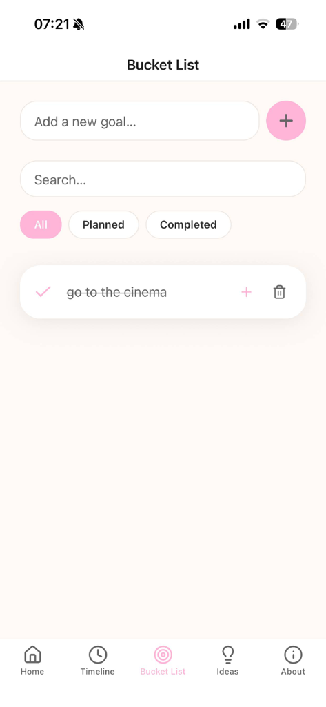 Twyne Moments - Twyne Moments bucket list screen for couples showing a completed goal to go to the cinema