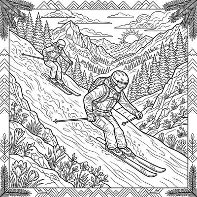 Experience the thrill of spring skiing with this dynamic coloring page featuring two freeride skiers conquering a mountain slope. Watch as dormant nature awakens around them, showcasing the beauty of a snowy landscape meeting emerging spring flora.