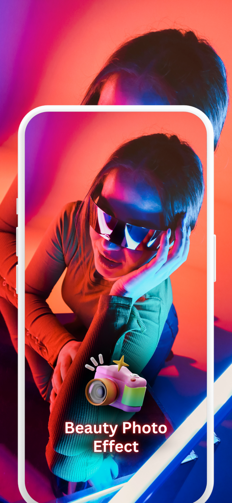 Beauty Photo Effect - A smartphone display showcasing the Beauty Photo Effect app with a young woman in vibrant neon lighting using artistic filters.