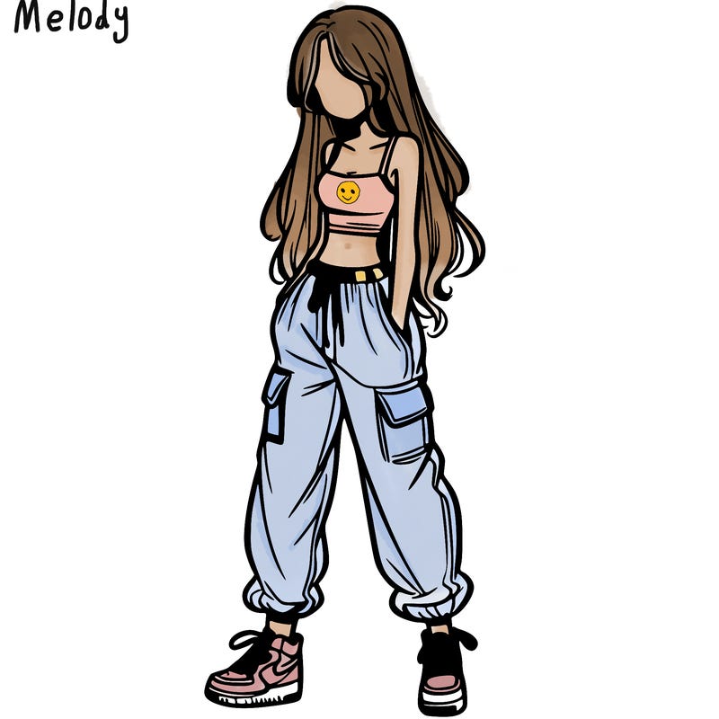 girl in baggy pants crop top and long hair
