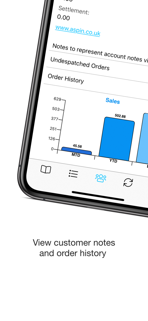 PixSell 3 - PixSell 3 app interface showing customer order history and sales bar charts