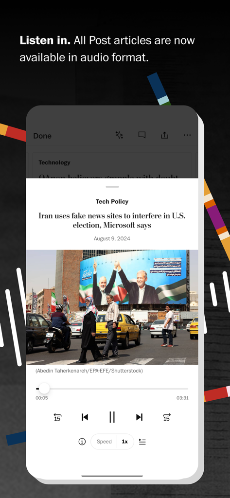 Washington Post - Interface of the Washington Post app featuring an audio player for listening to news articles.