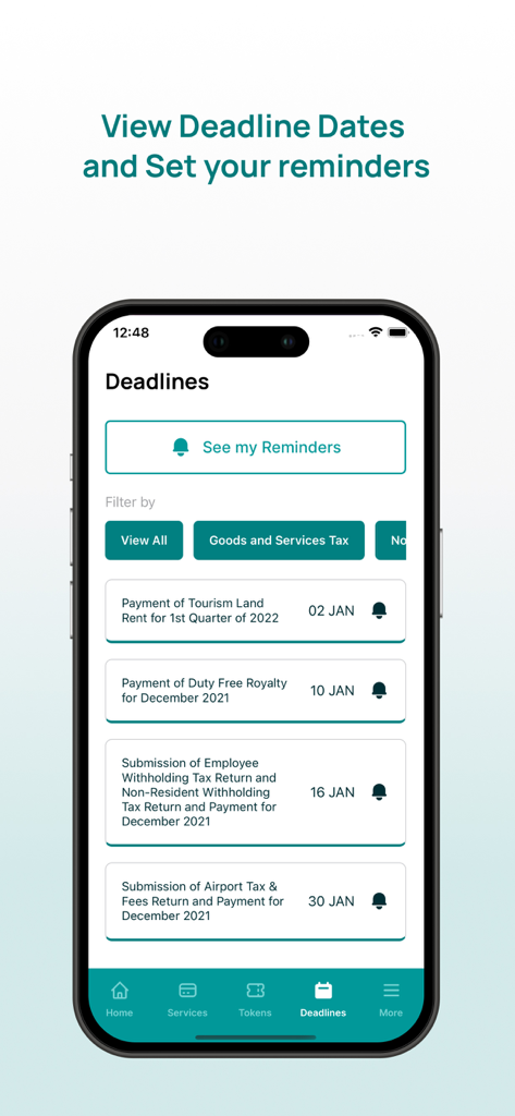 MIRA Maldives app screen showing tax payment deadlines and reminders
