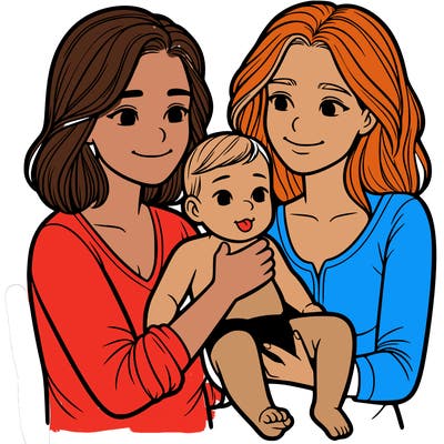two realistic women holding one baby together