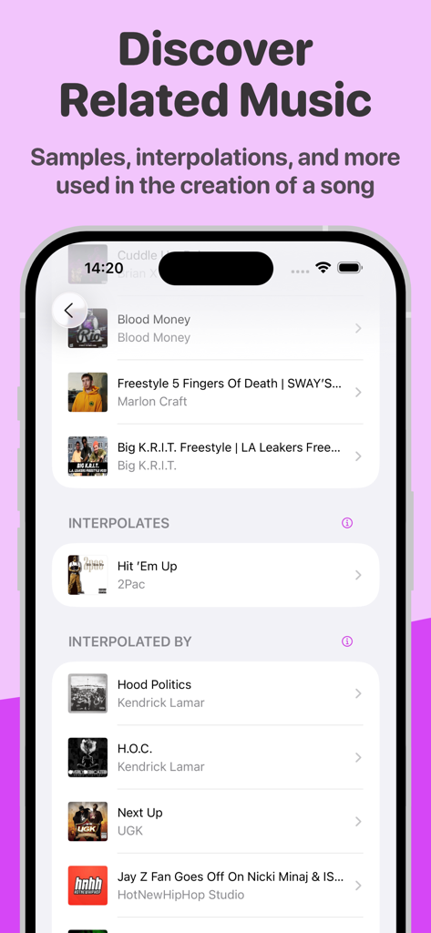 MusicSmart - Liner Notes - MusicSmart app screen showing samples and interpolations used in song creation