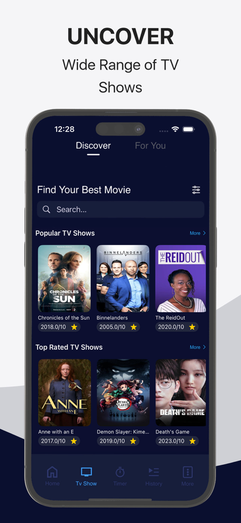 Interfaz de la aplicación Time movies que muestra una amplia gama de programas de TV populares y mejor calificados.