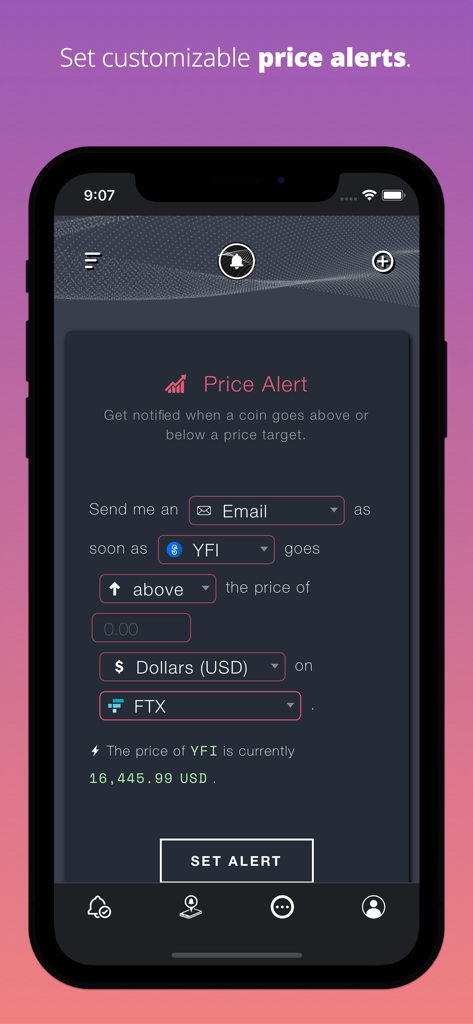 Custom price alert interface for the Cryptocurrency Alerting app.