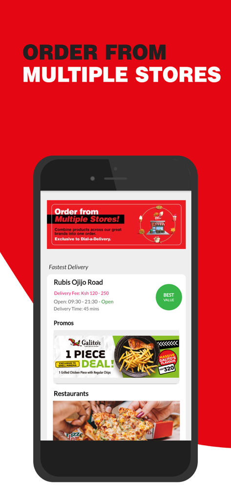 Pantalla de la aplicación Dial A Delivery 2.0 que muestra opciones para pedir comida de varias tiendas